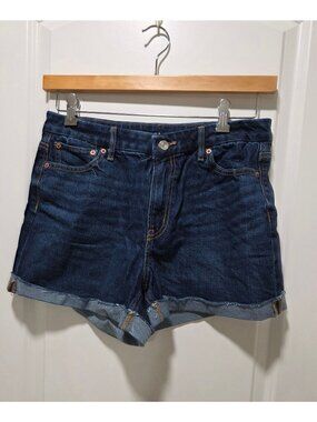 American Eagle Womens High-Rise Denim Shorts Dark Wash Size 10 Raw Hem Rolled Cu